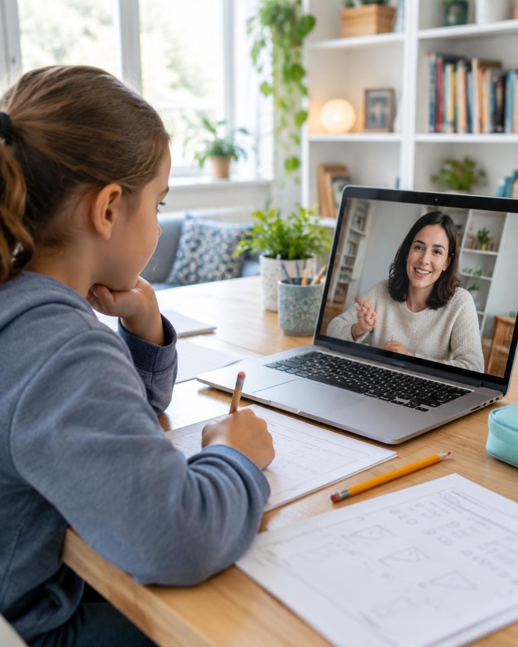 A child working through 11+ practice papers during a one-to-one online tutoring session