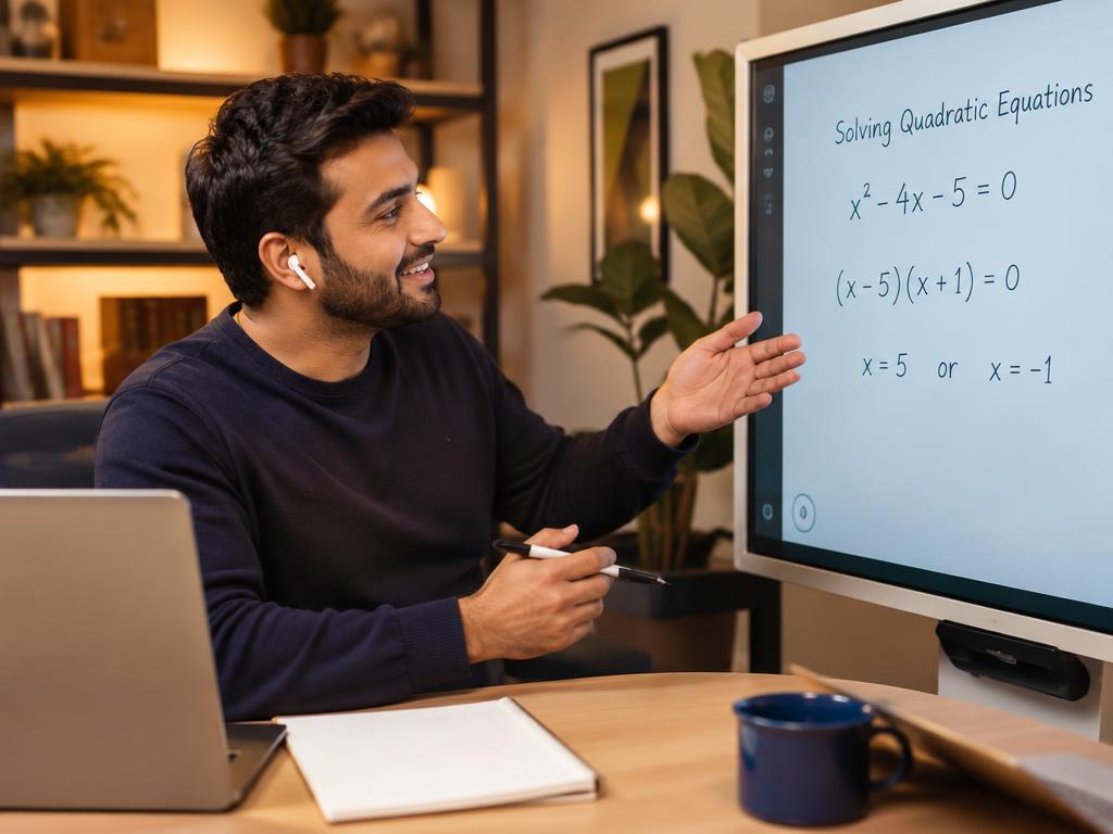 A tutor explaining a worked example on a digital whiteboard during an online lesson